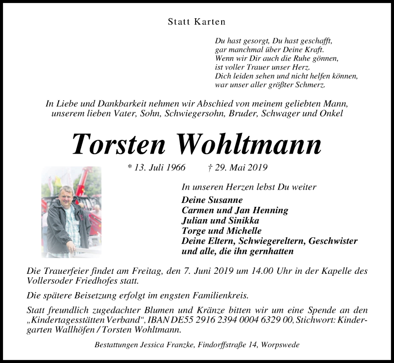 Traueranzeige von Torsten Wohltmann von Wuemme Zeitung