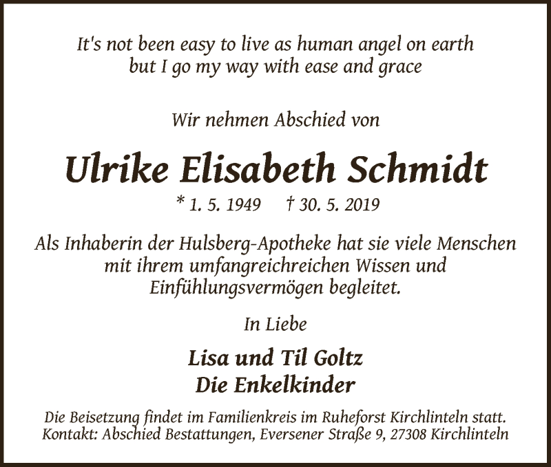 Traueranzeige von Ulrike Elisabeth Schmidt von WESER-KURIER