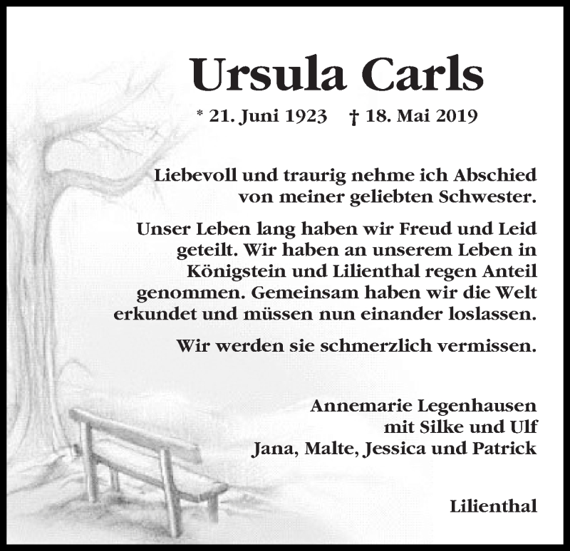 Traueranzeige von Ursula Carls von Wuemme Zeitung