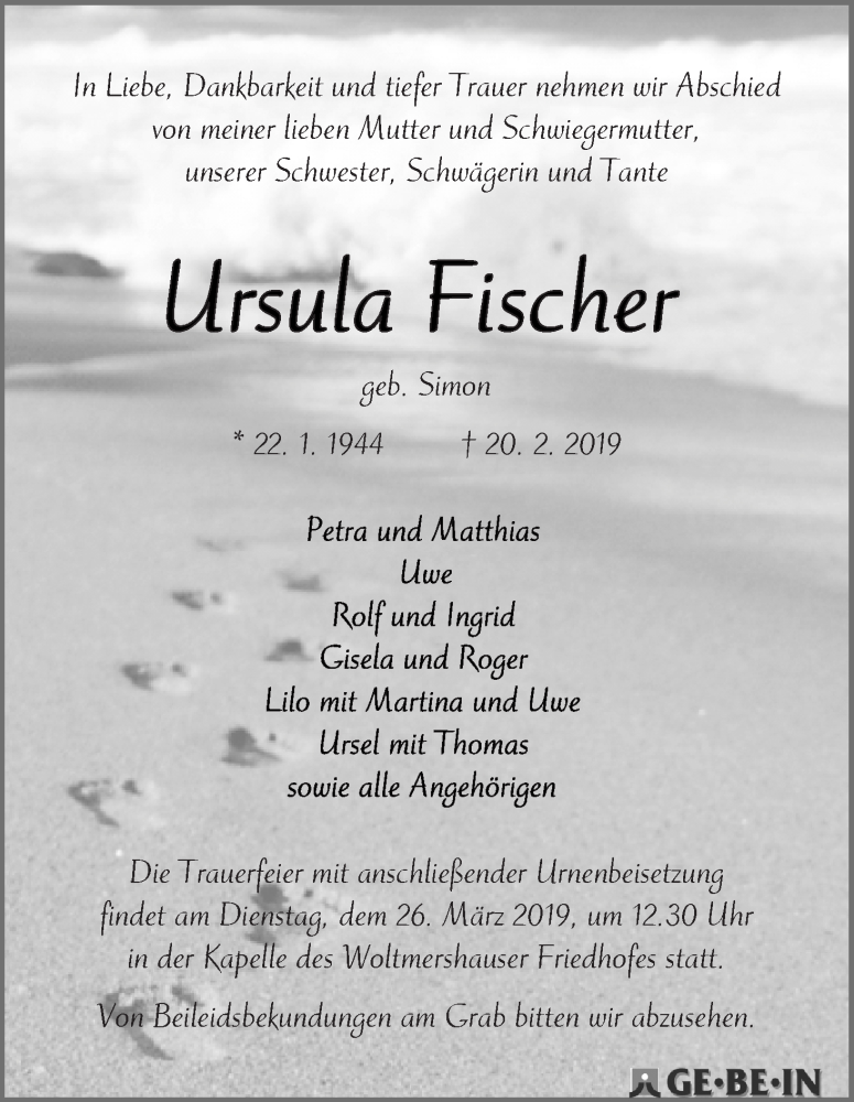 Traueranzeige von Ursula Fischer von WESER-KURIER