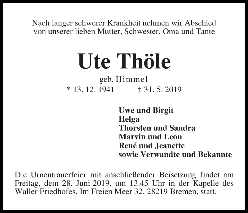 Traueranzeige von Ute Thöle von WESER-KURIER