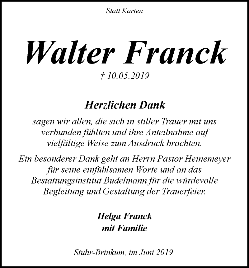 Traueranzeige von Walter Franck von WESER-KURIER
