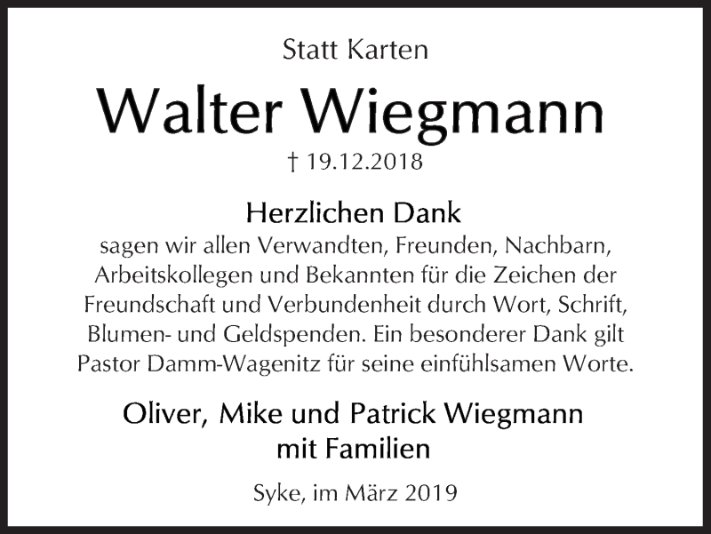 Traueranzeige von Walter Wiegmann von WESER-KURIER