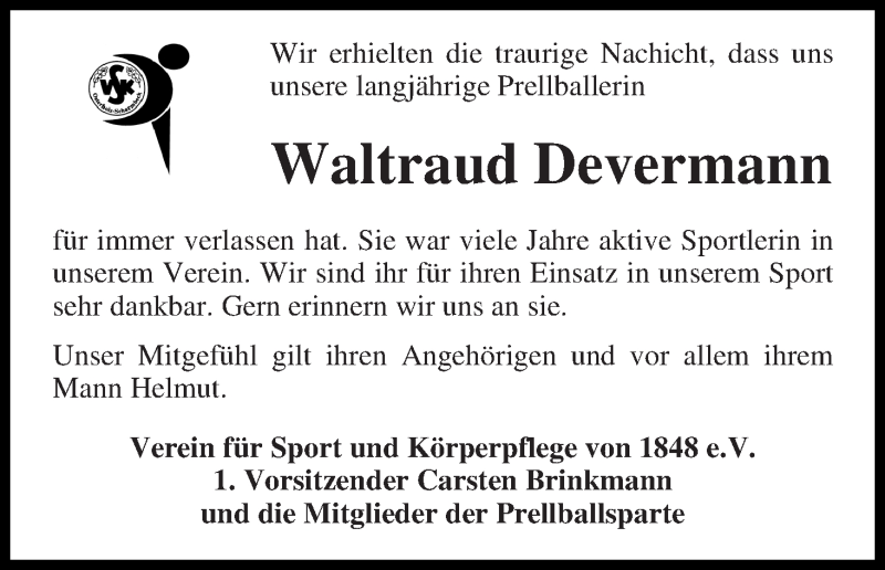Traueranzeige von Waltraud Devermann von Osterholzer Kreisblatt