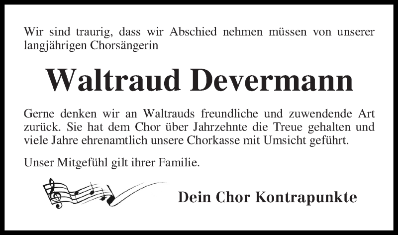 Traueranzeige von Waltraud Devermann von Osterholzer Kreisblatt