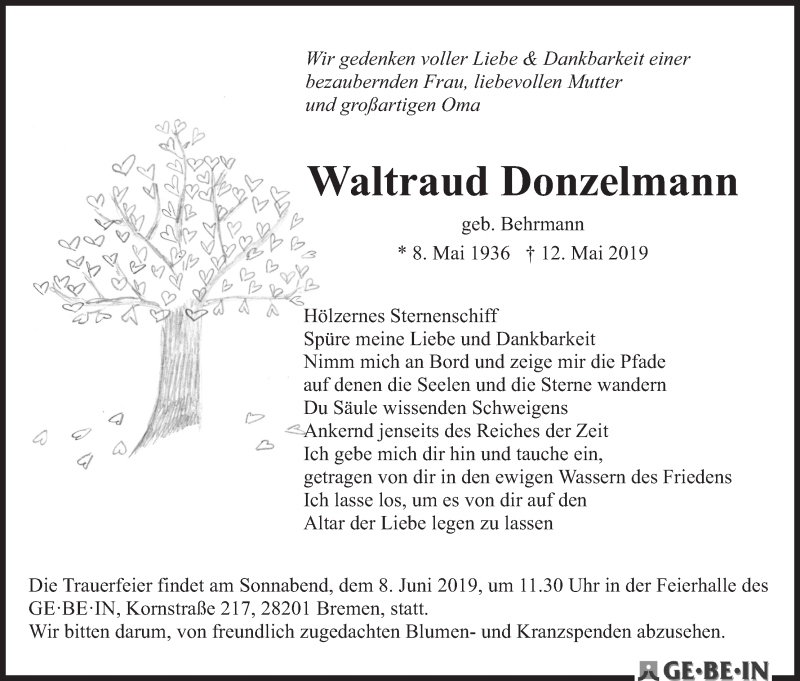 Traueranzeige von Waltraud Donzelmann von WESER-KURIER