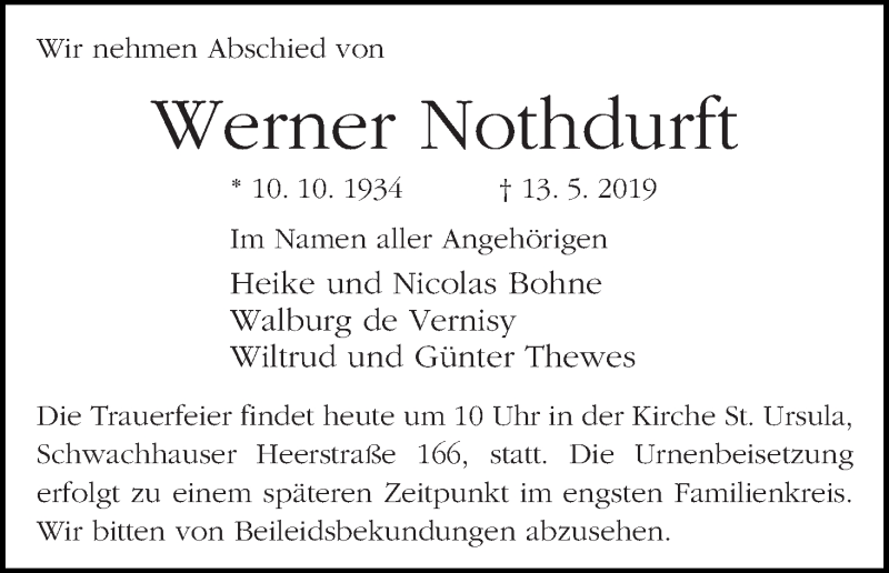 Traueranzeige von Werner Nothdurft von WESER-KURIER