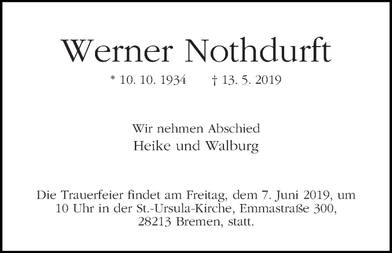 Traueranzeige von Werner Nothdurft von WESER-KURIER