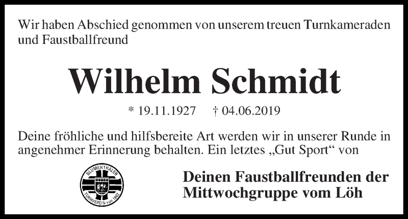 Traueranzeige von Wilhelm Schmidt von Die Norddeutsche