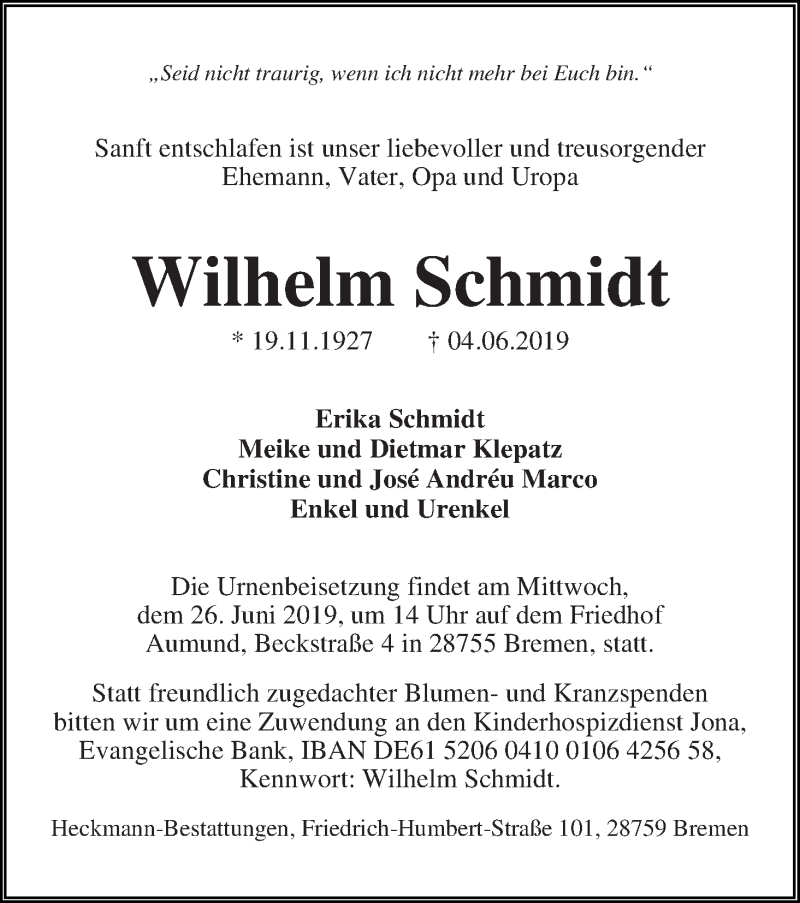 Traueranzeige von Wilhelm Schmidt von Die Norddeutsche