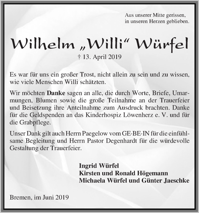 Traueranzeige von Wilhelm  Würfel von WESER-KURIER