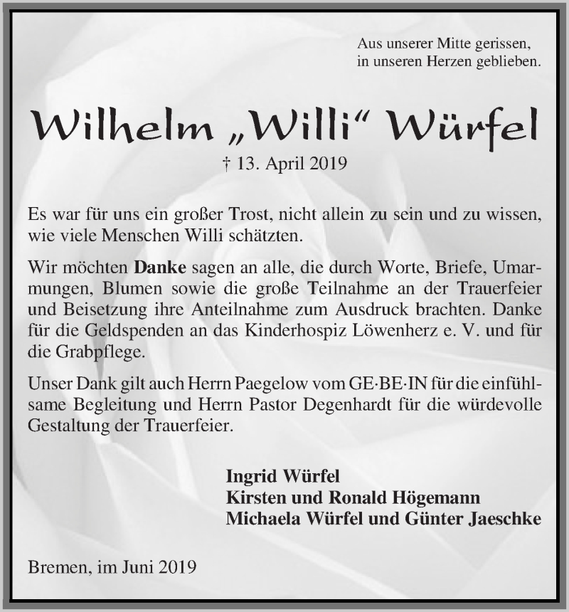 Traueranzeige von Wilhelm  Würfel von WESER-KURIER