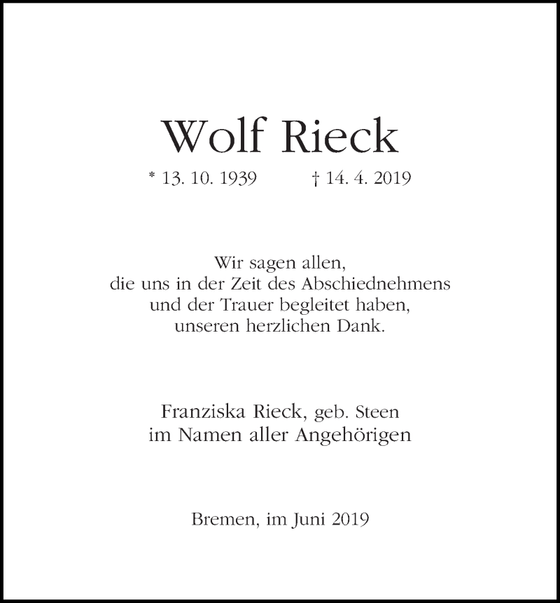 Traueranzeige von Wolf Rieck von WESER-KURIER