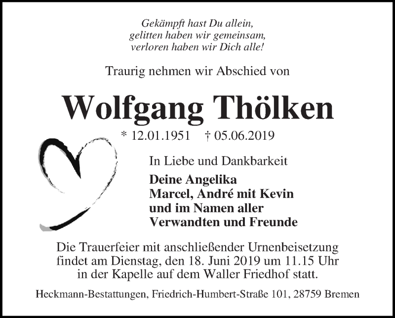 Traueranzeige von Wolfgang Thölken von WESER-KURIER