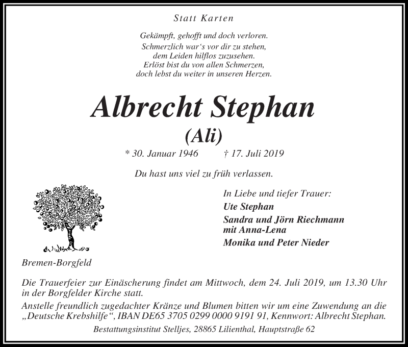 Traueranzeige von Albrecht (Ali) Stephan von Wuemme Zeitung