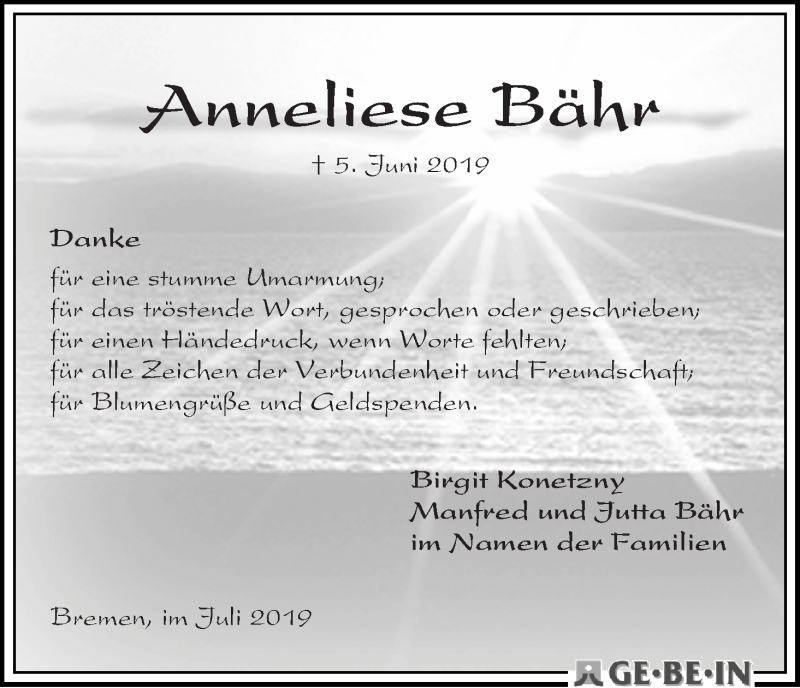 Traueranzeige von Anneliese Bähr von WESER-KURIER