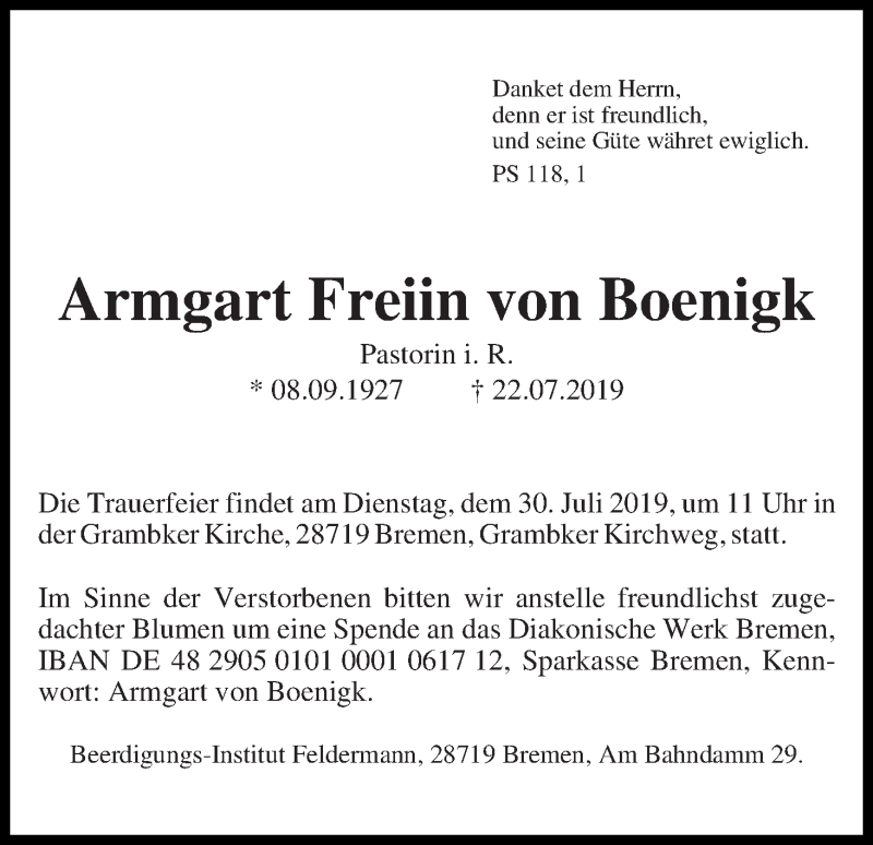 Traueranzeige von Armgart Freiin von Boenigk von Die Norddeutsche