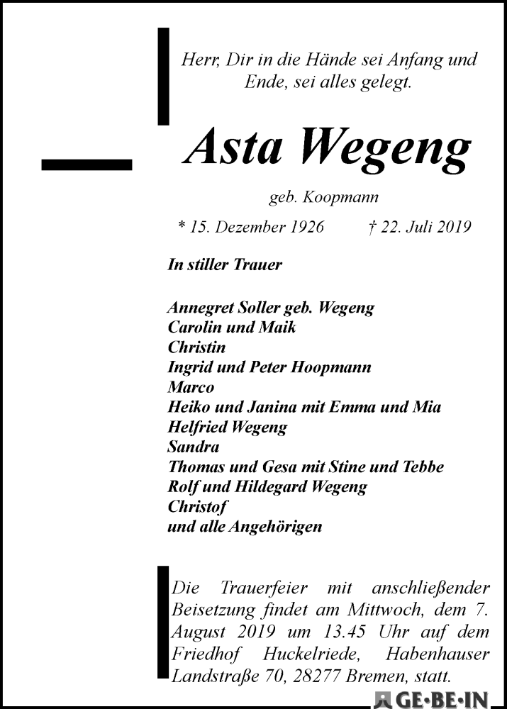 Traueranzeige von Asta Wegeng von WESER-KURIER