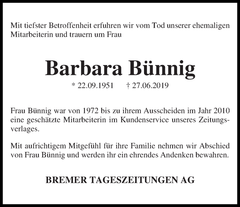 Traueranzeige von Barbara Bünnig von WESER-KURIER