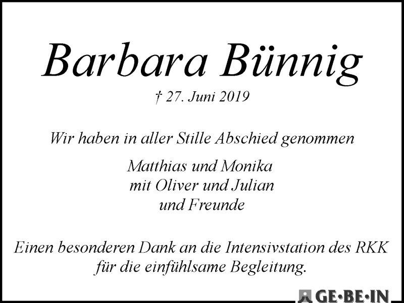 Traueranzeige von Barbara Bünnig von WESER-KURIER