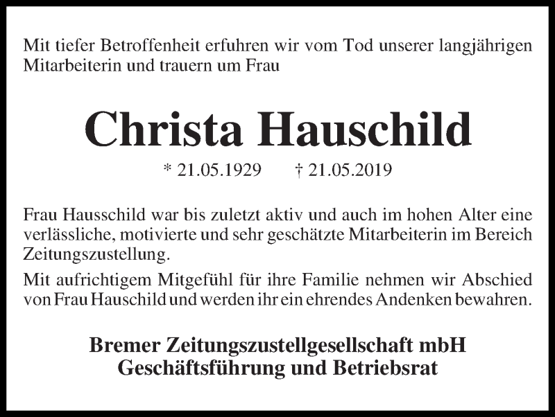 Traueranzeige von Christa Hauschild von WESER-KURIER