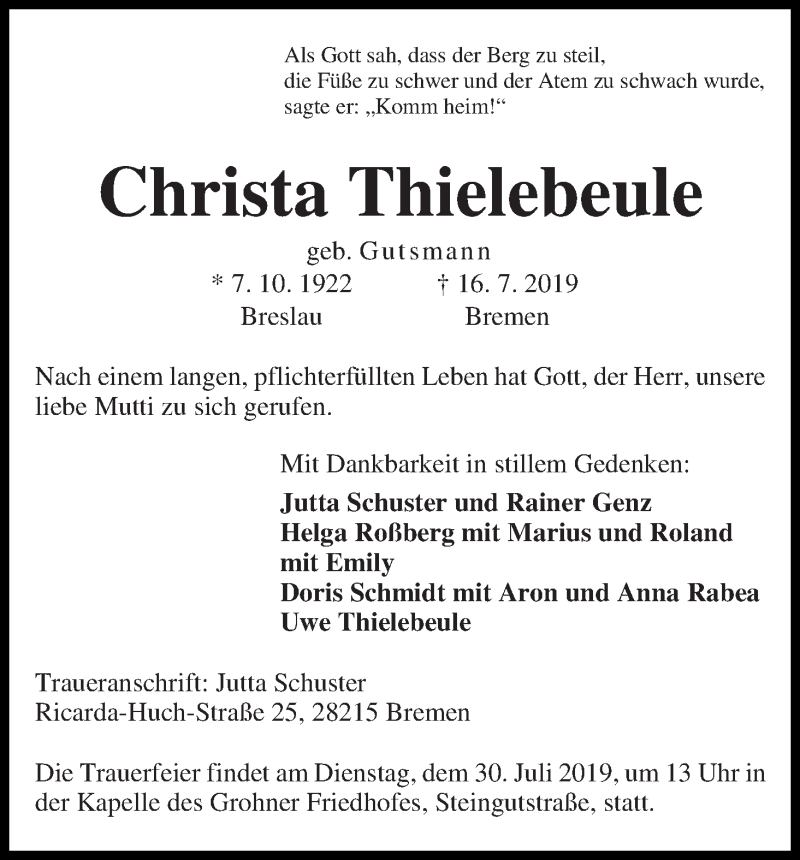 Traueranzeige von Christa Thilebeule von WESER-KURIER