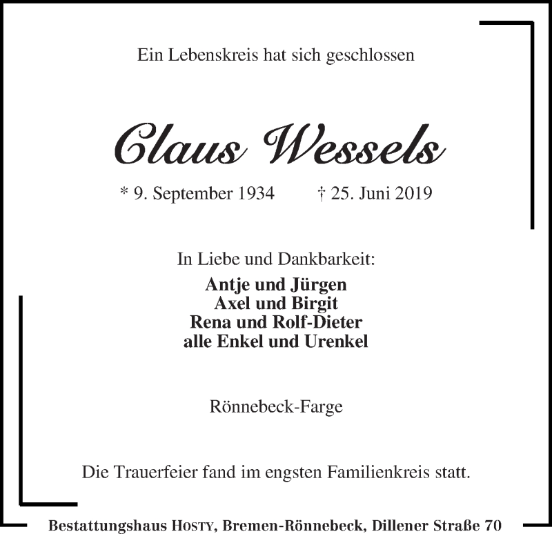 Traueranzeige von Claus Wessels von Die Norddeutsche