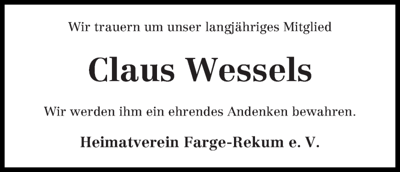 Traueranzeige von Claus Wessels von Die Norddeutsche