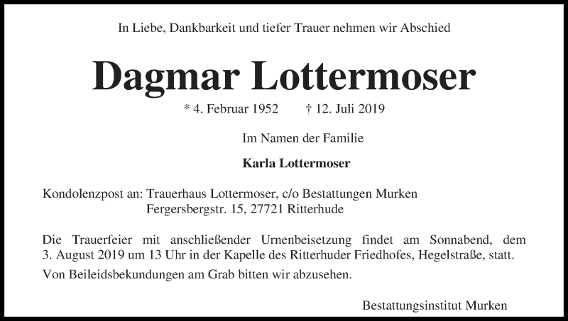 Traueranzeige von Dagmar Lottermoser von Osterholzer Kreisblatt