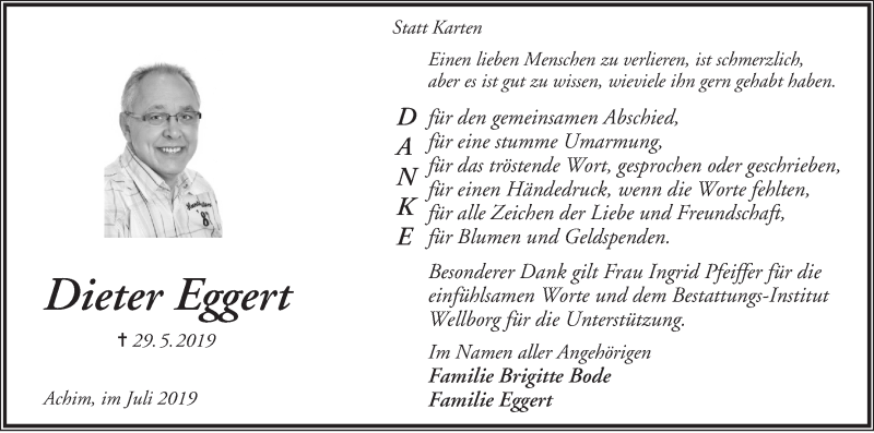 Traueranzeige von Dieter Eggert von Achimer Kurier/Verdener Nachrichten