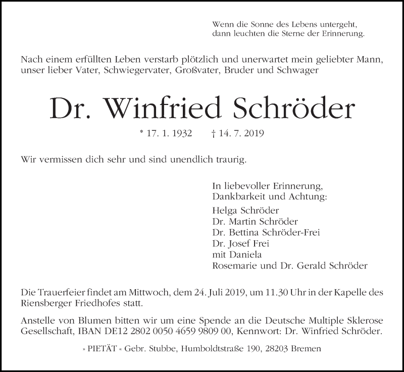 Traueranzeige von Dr. Winfried Schröder von WESER-KURIER
