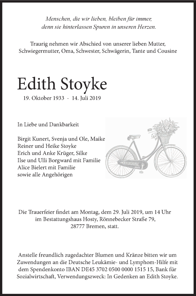 Traueranzeige von Edith Stoyke von Die Norddeutsche
