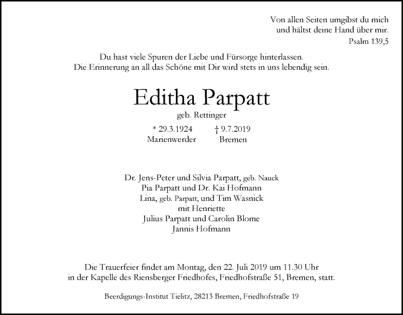 Traueranzeige von Editha Parpatt von WESER-KURIER