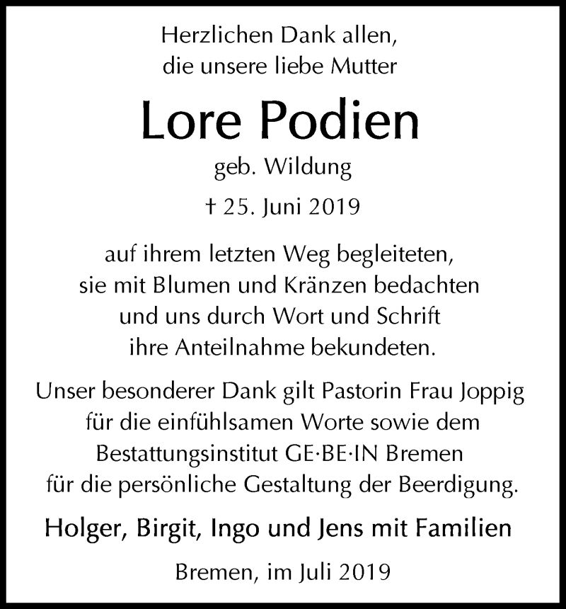 Traueranzeige von Eleonore Podien von WESER-KURIER