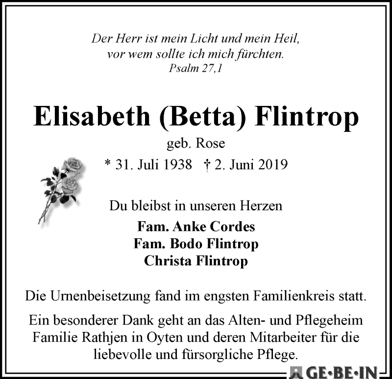 Traueranzeige von Elisabeth (Betta) Flintrop von WESER-KURIER
