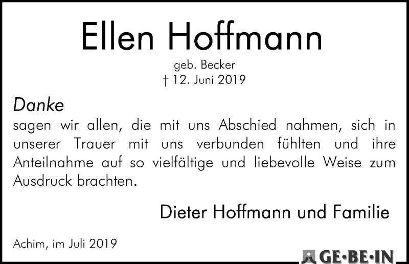 Traueranzeige von Ellen Hoffmann von Achimer Kurier/Verdener Nachrichten