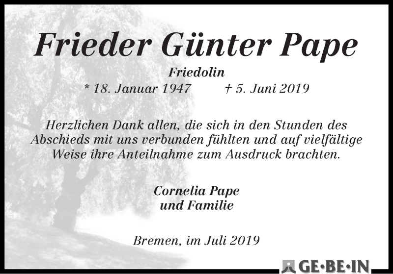Traueranzeige von Frieder Günter Pape von WESER-KURIER