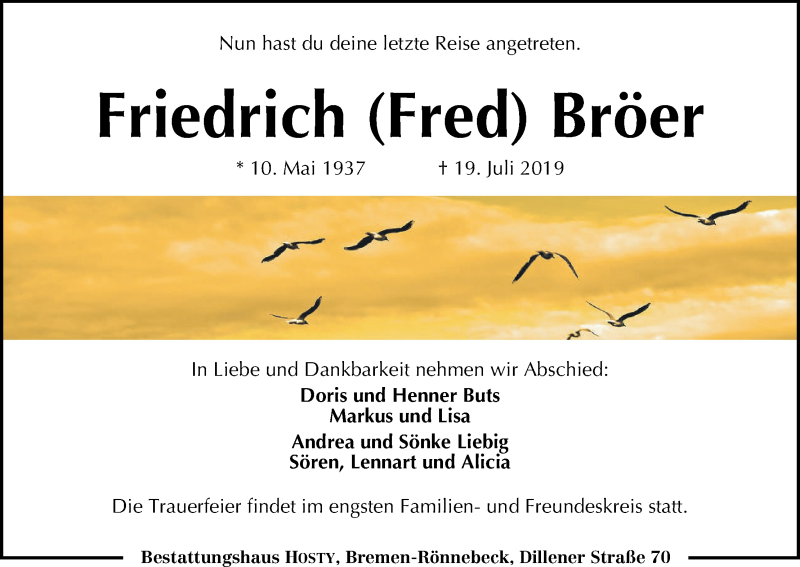 Traueranzeige von Friedrich Bröer von Die Norddeutsche