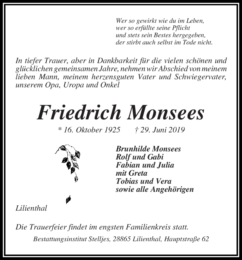 Traueranzeige von Friedrich Monsees von Wuemme Zeitung