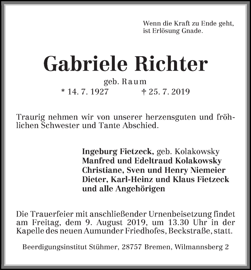 Traueranzeige von Gabriele Richter von Die Norddeutsche