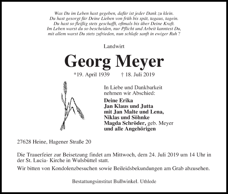 Traueranzeige von Georg Meyer von Osterholzer Kreisblatt