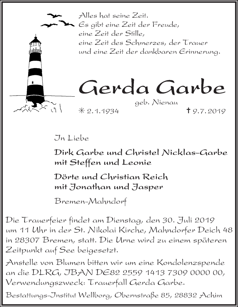 Traueranzeige von Gerda Garbe von WESER-KURIER