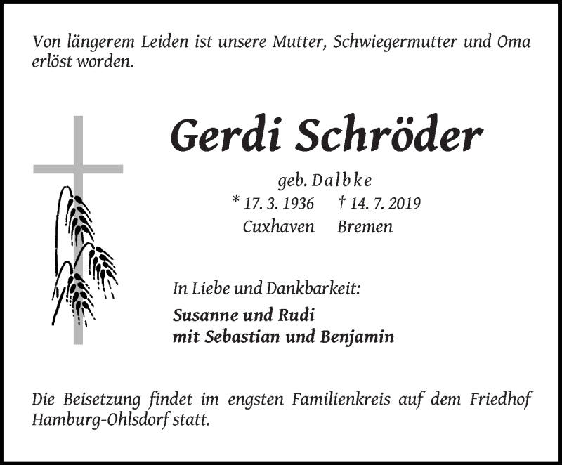 Traueranzeige von Gerdi Schröder von WESER-KURIER