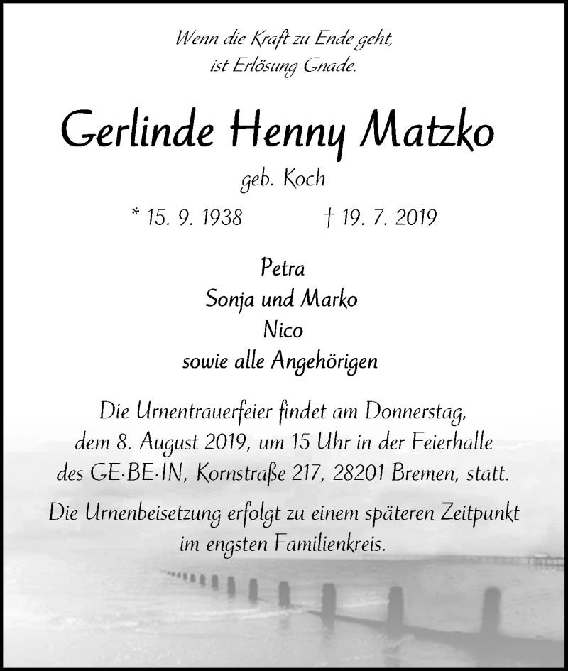 Traueranzeige von Gerlinde Henny Matzko von WESER-KURIER