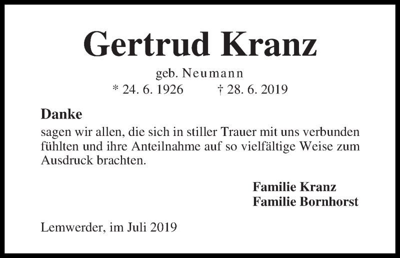 Traueranzeige von Gertrud Kranz von Die Norddeutsche