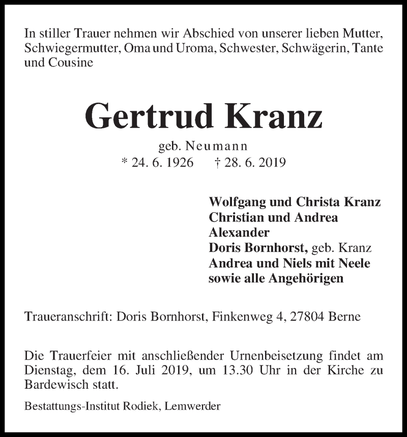 Traueranzeige von Gertrud Kranz von Die Norddeutsche