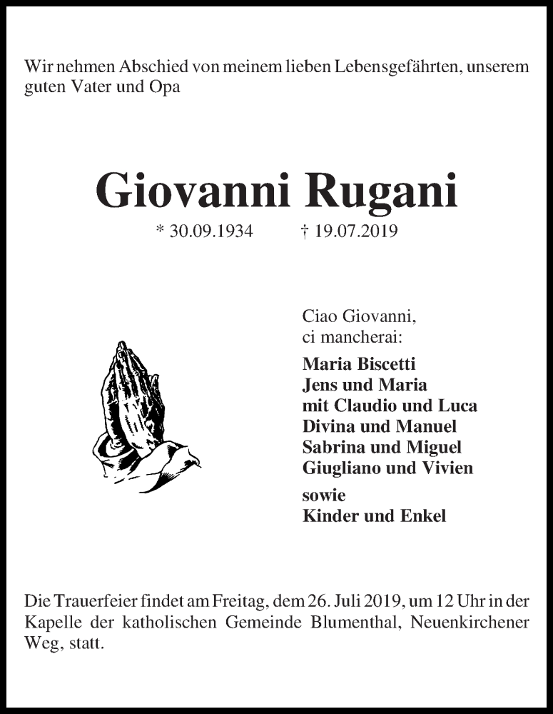 Traueranzeige von Giovanni Rugani von Die Norddeutsche