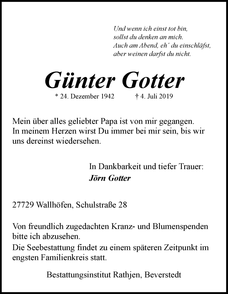 Traueranzeige von Günter Gotter von Osterholzer Kreisblatt