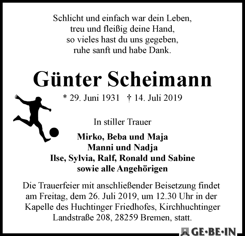 Traueranzeige von Günter Scheimann von WESER-KURIER