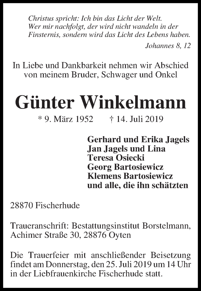 Traueranzeige von Günter Winkelmann von WESER-KURIER